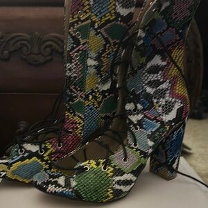 Multicolor Snakeskin Lace-Up Heels